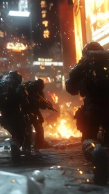 Armored soldiers advance through burning cyberpunk street