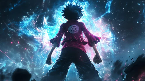 Backlit anime hero silhouette amid explosive blue energy field