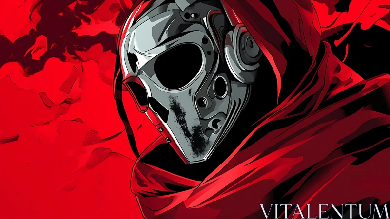 Cybernetic skull assassin rendered in stark red contrast