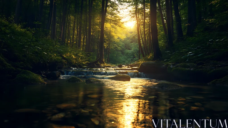 Golden Sunlight Through Forest Stream Canopy