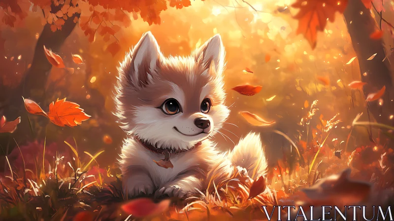 Digital painting of cute puppy in glowing autumn forest scene.