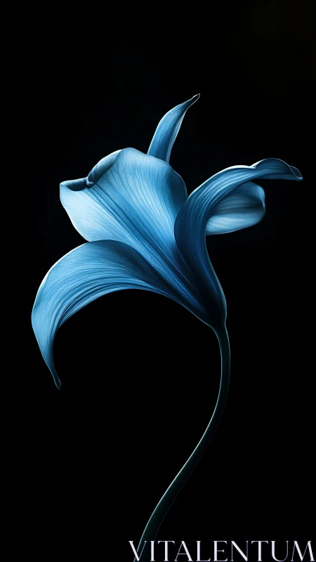 Blue iris flower with curved petals against black background