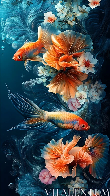 Whirling koi dreams among blooming underwater petals.