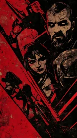Stylized armed characters in red and black graphic composition.