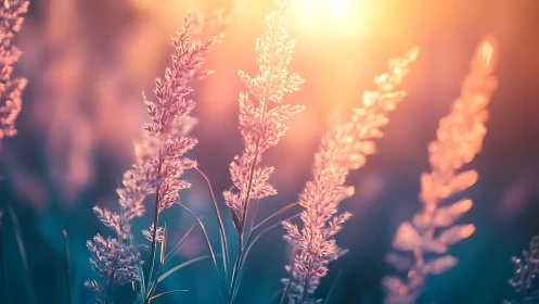 Backlit grass inflorescences under warm bokeh illumination.