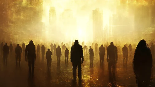 Wanderers in the amber haze of a dissolving future cityscape.