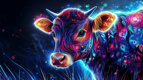 Neon cow portrait rendered with vivid swirling light lines