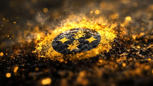 Steel emblem in molten debris with glowing particle field.