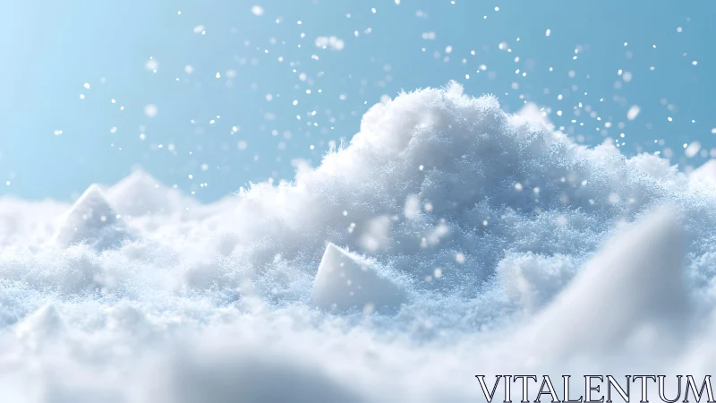 Soft powdery snow falling on fluffy drifts, photorealistic style.
