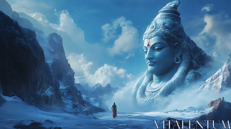 Colossal icy Shiva visage above pilgrim in frozen pass.