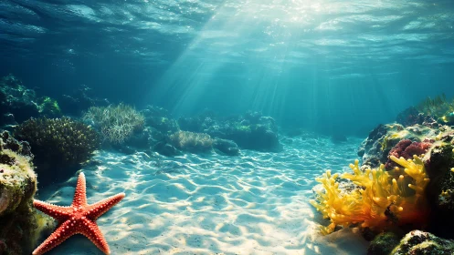 Sunlit starfish drifts in a dream-bright coral seafloor realm.