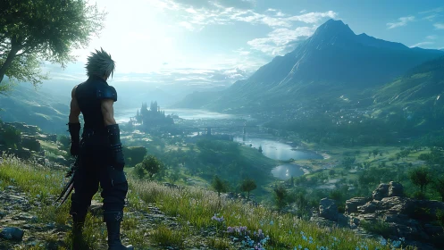 Lone warrior surveys a sunlit fantasy valley before journey