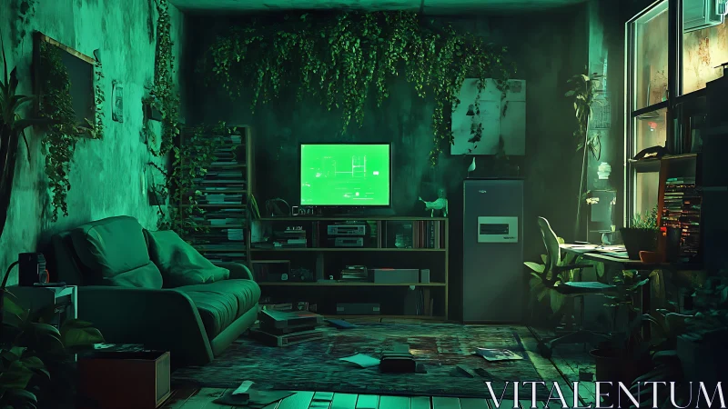 Neo-green gaming studio with overgrown indoor foliage glow.