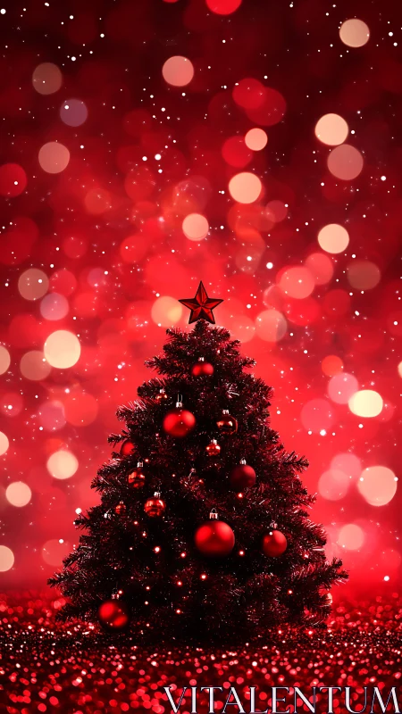 Red Christmas tree with ornaments on bokeh light backdrop.