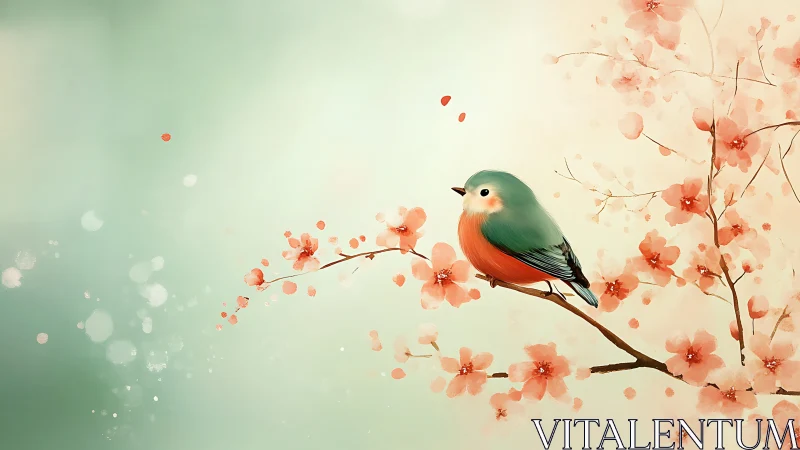 Green Bird Among Coral Blossoms in Soft Light.