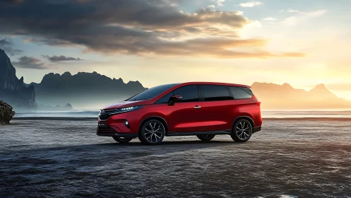 Red minivan parked on coastal plain under overcast sunset.