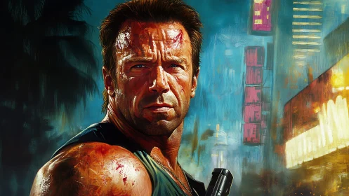 Battle worn action hero in neon lit city street scene.