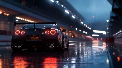 GT race car in wet night pit lane with cinematic bokeh lighting