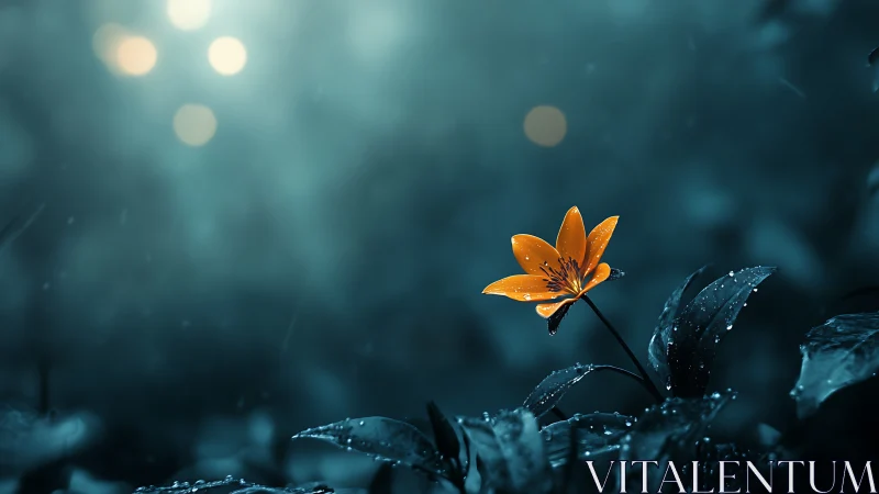 Golden Flower Blooming Through Rain in Twilight