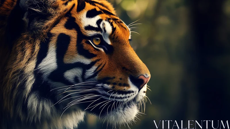 Tiger portrait captures intense gaze in soft forest light.