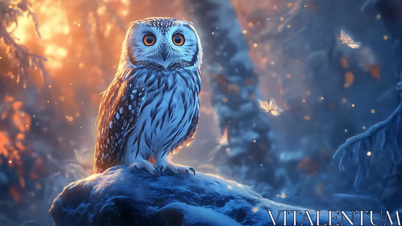 Enchanted Owl in Magical Winter Forest, Fantasy Digital Art.