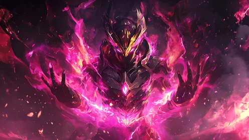 Armored humanoid figure is surrounded by intense magenta flames