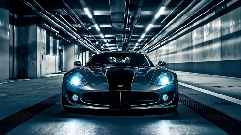 Midnight sports car poised under neon tunnel lights.