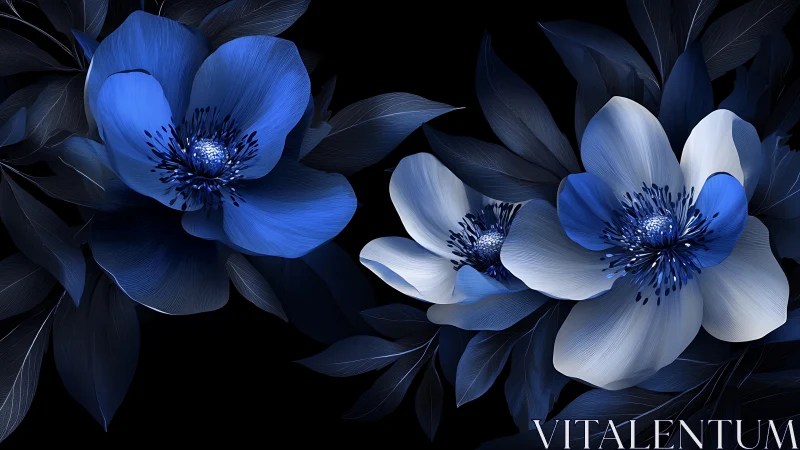 Blue and white flowers rendered against black background display bilateral symmetry