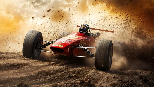 Dust-flying red race car charging through a fierce dirt track.