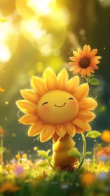 Anthropomorphic sunflower character in luminous backlit meadow
