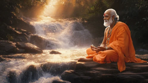 Serene monk in orange robes beside sunlit forest cascade.