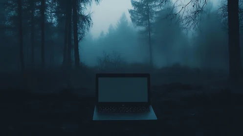 Laptop glows in dense blue fog within dark forest clearing.