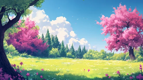 Digital landscape shows bright meadow with flowering trees