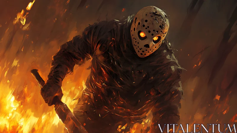 Masked slasher advances through burning forest inferno.