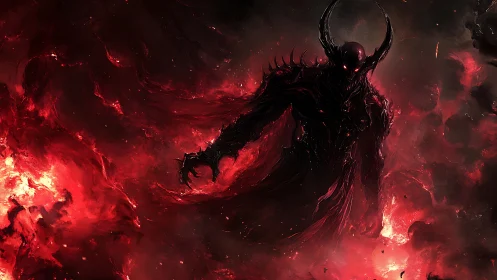 Horned dark entity walks through red fiery smoke field