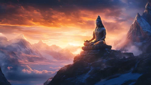 Meditating deity statue over glowing snowy mountains at dusk.