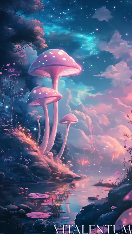 Bioluminescent mushrooms above reflective twilight waterway.