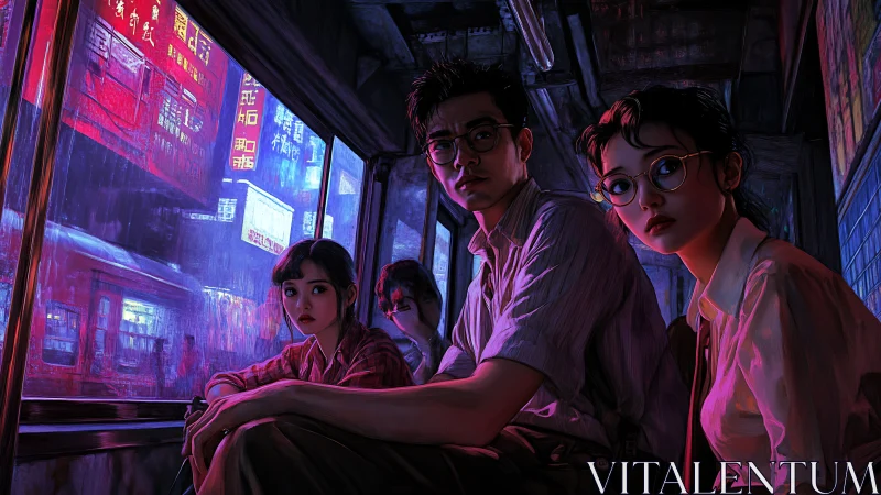 Neon tram of sleepless friends in rain-soaked midnight Hong Kong.