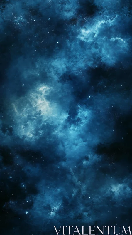 Deep blue starfield with dense cosmic nebula clouds.