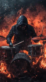 Hooded fire drummer unleashing intense, molten energy.
