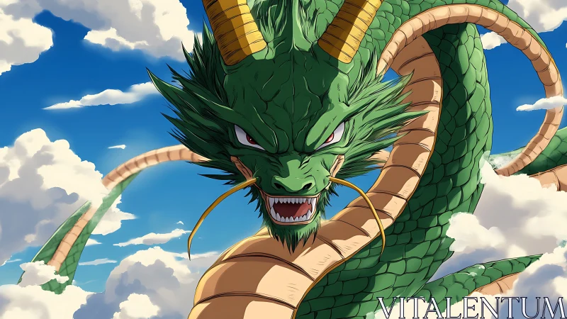 Serpentine sky dragon with segmented body coils through cumulus clouds