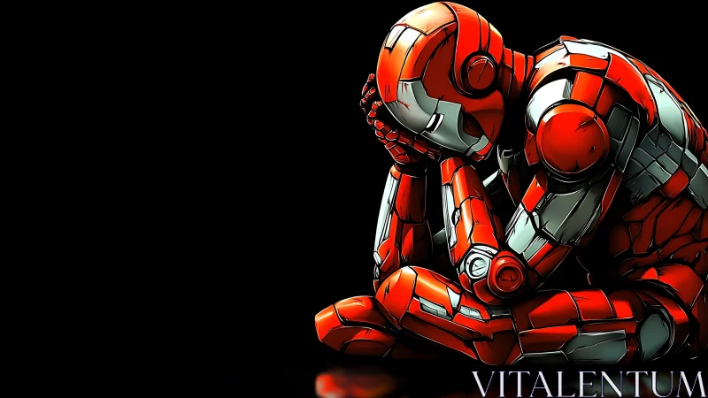 Futuristic red robot in reflective, sorrowful crouched pose.