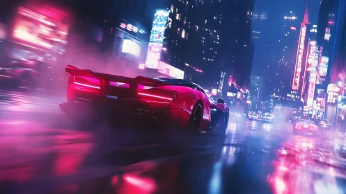 Neon-soaked supercar sprint through futuristic night city.