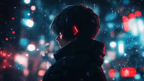 Cyberpunk profile in neon rain with luminous city bokeh.