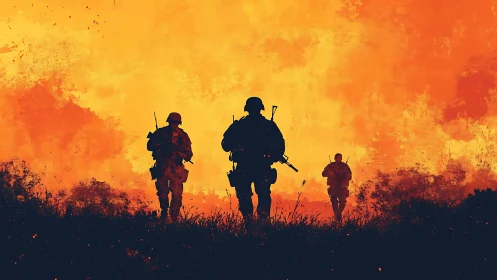 Soldiers advance through fiery battlefield landscape.