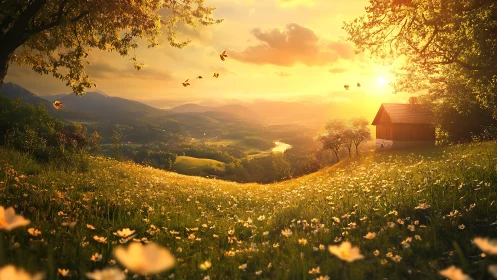Sunlit hillside meadow and cabin at golden hour twilight.