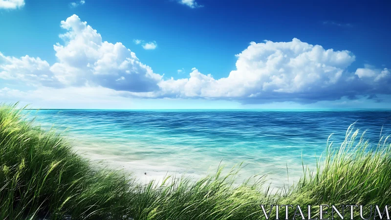 Vibrant shoreline with rolling surf under towering clouds.