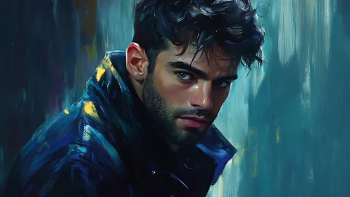 Digital painting portrait with moody teal background and glossed jacket.