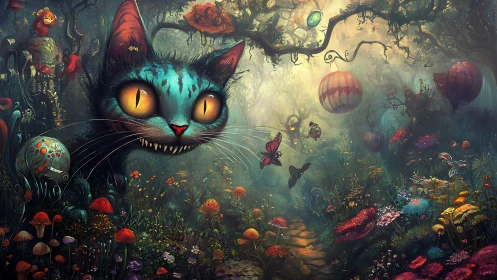 Surreal turquoise cat in glowing enchanted forest path.