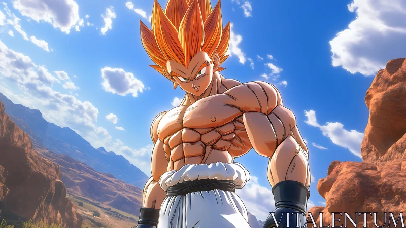 Muscular anime warrior stands defiant in sunlit canyon landscape.